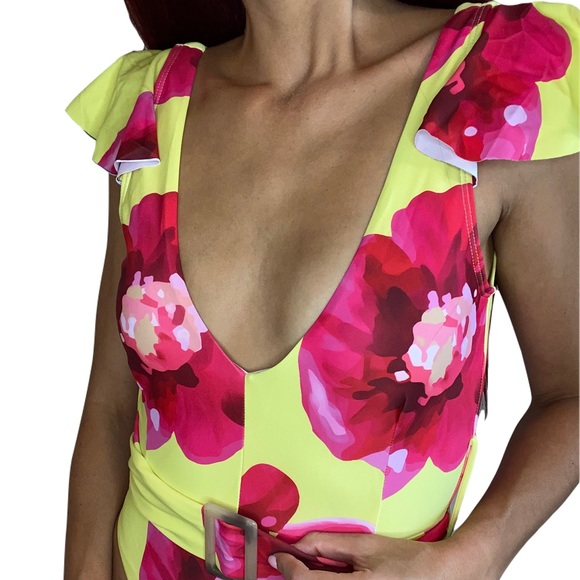 Yellow Pink Floral One-Piece Swimsuit | Thong Cut | Size S swimwear waist belt - Picture 2 of 4